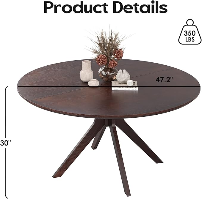Soohow 47.2" Solid Wood Round Dining Table for 4-6 People with Intersecting Pedestal Base, Circle Kitchen Tables for Dining Room, Kitchen, Walnut