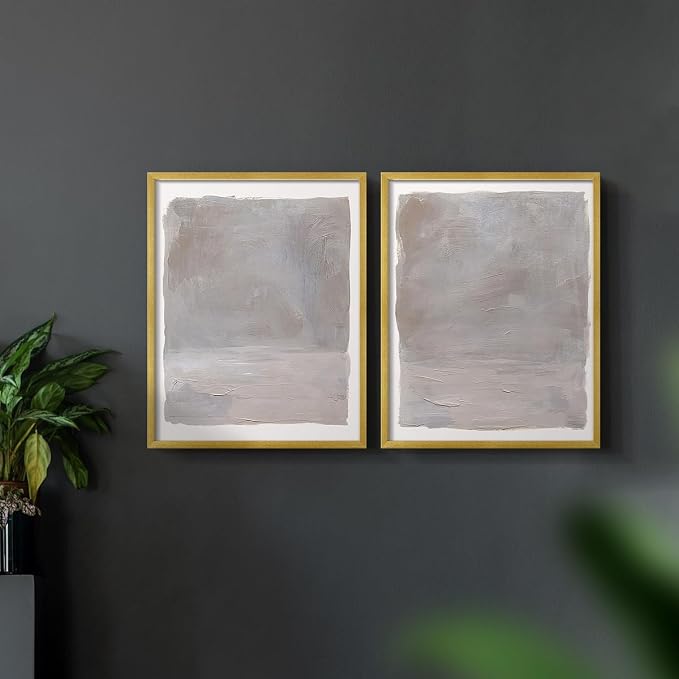 Renditions Gallery Set of 2 Peel & Stick Framed Prints, Watercolor Abstract Wall Art, Neutral Tones Textured Brushstrokes Wall Decor, Re-Stickable - Ready to Hang - 22"x28" - GOLD Frame LT588