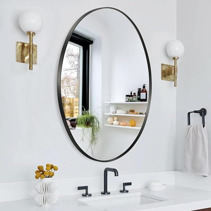 Oval Wall Mirror, 20"x28" Black Oval Vanity Mirror, Bathroom Mirror of Metal Frame, Home Decorative Wall Mounted Mirror for Bathroom, Living Room, Entryway, Vanity