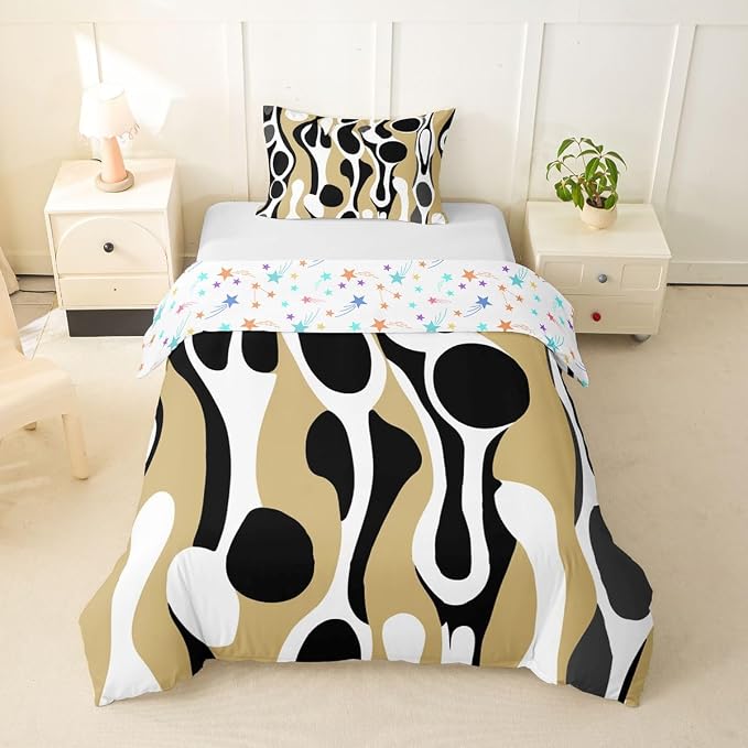 Erosebridal Organic Geometric Duvet Cover Set Modern Abstract Girl Toddler Bedding Set for Teen Boys Retro Mid Century Comforter Cover Modern Fluid Art Irregular Circles Bed Sets,Beige Black