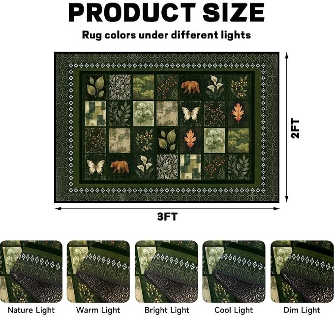 2'x3' Vintage Green Botanical Area Rug Non-Slip Washable Nature Patchwork Carpet Boho Floor Mat Rugs for Entryway Bedroom Living Room Nursery Kitchen Playroom Home Decor