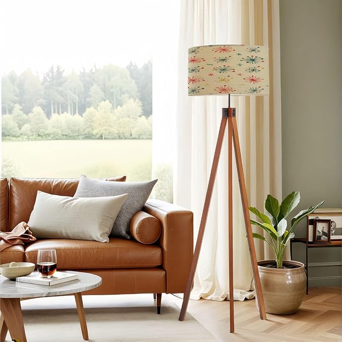 Wood Tripod Floor Lamp Seamless Mid Century Modern Retro Mid Century Standing Lamp Linen Shade Dimmable Modern Tall lamp Home Decor for Living Room Bedroom Office