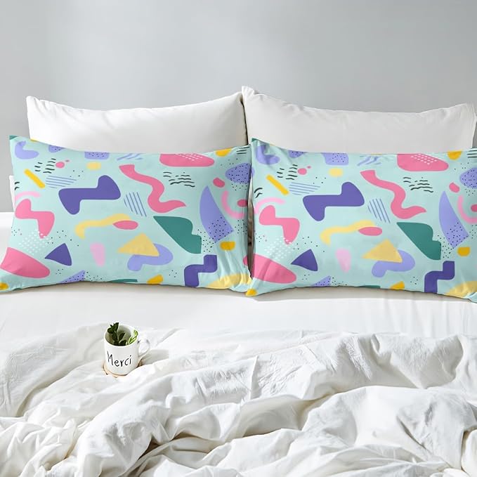 Cow Print Bedding Set Memphis 80s Comforter Cover,Vintage 90s Memphis Duvet Cover Abstract Geometric Retro Bed Set Full,Rainbow Cowhide Urban Modern Circles Triangle Room Decor,Light Green