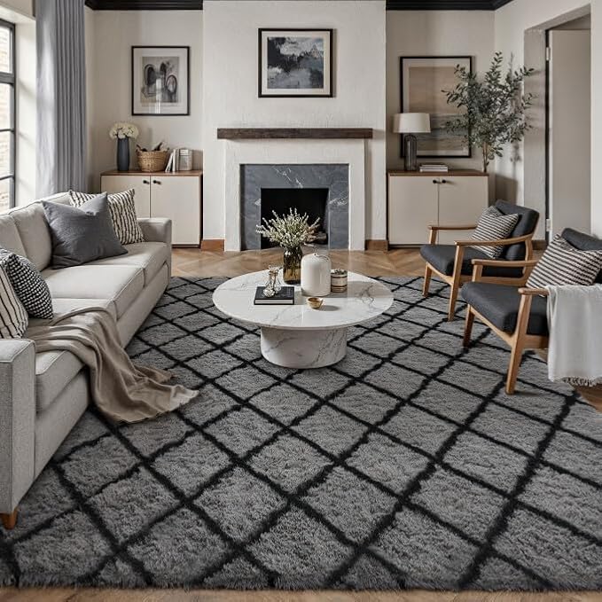 8x10 Checkered Rug for Living Room Black and White Modern Soft Area Rug Fluffy Non-Slip Carpet for Bedroom Playroom Home Aesthetic Decor