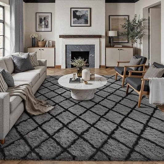 8x10 Checkered Rug for Living Room Black and White Modern Soft Area Rug Fluffy Non-Slip Carpet for Bedroom Playroom Home Aesthetic Decor