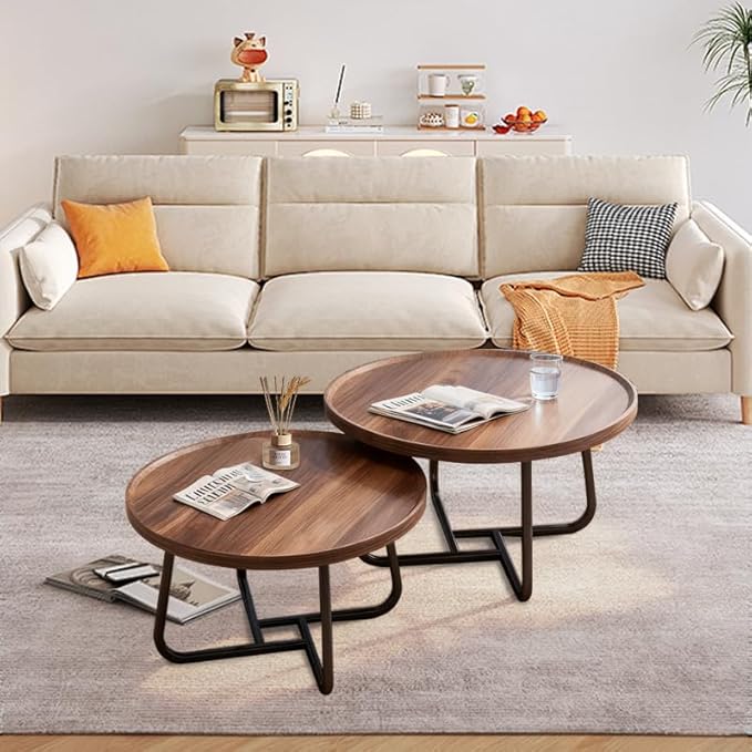 Round Nesting Coffee Table Set of 2, 28" Round Walnut with Fluted,Mid Century Modern,Center for Living Room Bedroom Office Balcony Yard