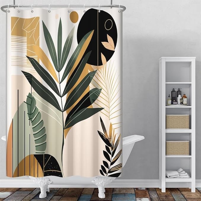 Boho Mid Century Shower Curtain for Bathroom Modern Abstract Minimalist Neutral Bathroom Decor Arch Sun Leaves Chic Aesthetic Bath Curtains Washable Waterproof Polyester Fabric with Hooks 48x72 Inch