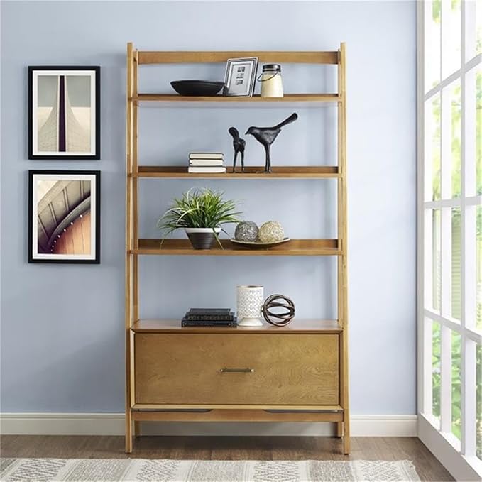 Allora 38" 4 Shelf Ladder Bookshelf, Acorn Finish, MDF and Solid Hardwood, Mid-Century Modern Style, 70.25" H x 38" W x 15" D, with Drawer and Full Extension Glides, Home or Office Storage Solution