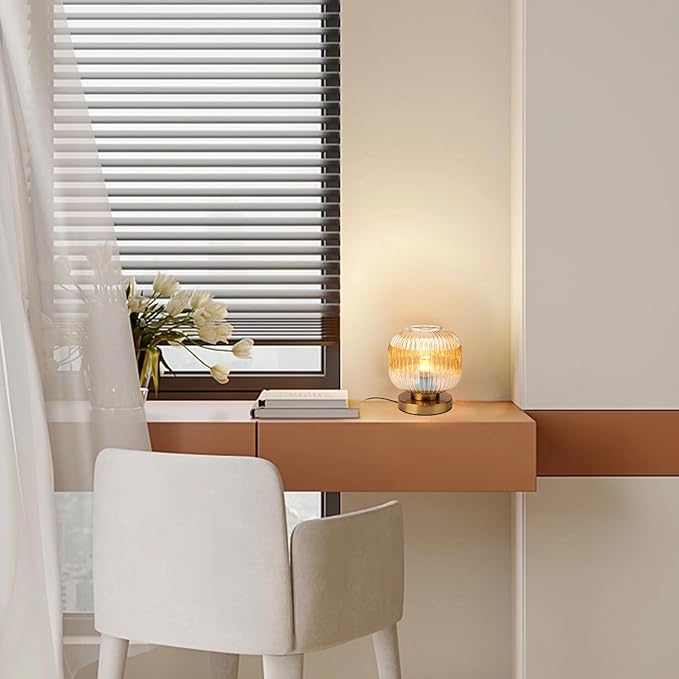 Modern Table Lamps Gold Table lamp Amber Ribbed Glass Shade Desk lamp Bedside Table lamp nightstand lamp Small Table lamp for Bedroom Living Room Office end Table Side