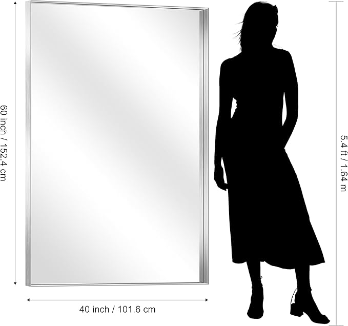 CIRCUMI Silver Bathroom Mirror, 40"x60" Rectangular Mirror with Deep Metal Frame, Brushed Finish, Tempered Glass, Large Mirror for Wall, Over 2 Sinks, Installed Vertically/Horizontally, Crystal-Clear