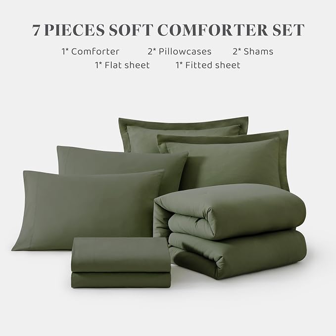 WRENSONGE Oversized Queen Comforter Set - 7 Pieces Olive Green Bed in a Bag Queen with Sheets, 2 Pillow Shams, and 2 Pillowcases- Warm Bedding Sets Queen for All Season