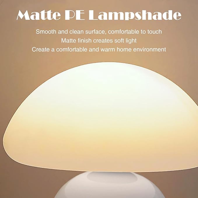 Cute Small Mushroom Lamp, PE Lampshade, Ceramic Base, Adjustable Light Color and Brightness with Power-Off Memory, Safe USB Powered, LED Mushroom Light for Bedroom Living Room (White)