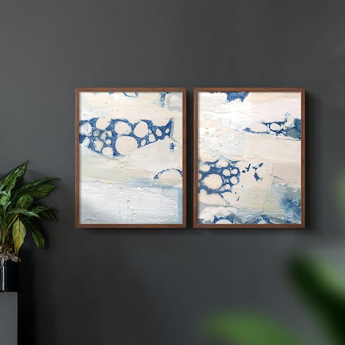 Renditions Gallery Set of 2 Peel & Stick Framed Prints, Textured Abstract Wall Art, Beach Themed Bubble Design Wall Decor, Re-Stickable - Ready to Hang - 16"x20" - Walnut Frame LT588