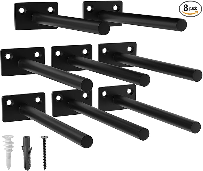 LEOPO 8-Pack 6 inch Floating Shelf Brackets, Hidden Shelf Bracket for Wood, Concealed Blind Shelving Support,Invisible Black Coated Brackets for DIY Decorative,Fit for Kitchen, Bathroom,Study Room