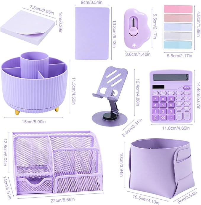 Purple Desk Organizers and Accessories with Desk Organizer 360° Rotating Pen Holder and Office Supplies, 19Pcs Cute Stationery Supplies Set