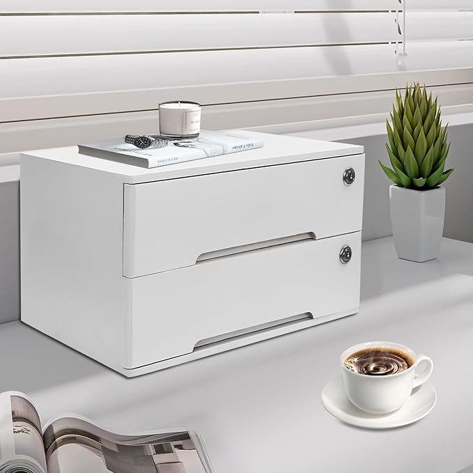 Desktop File Organizer with Lock, 2/3/4 Tier Multi-Drawer Wooden Storage Cabinet, Office Supply Organizer for Home Desk, Study & Workplace (White, 2 Layers)