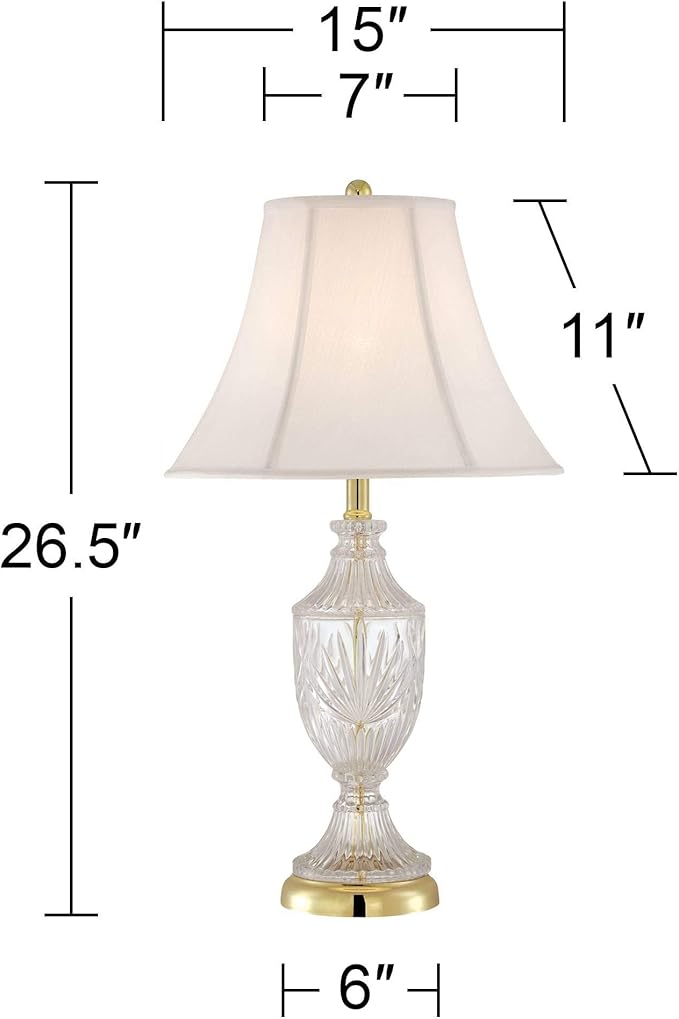 Regency Hill Traditional Glam Style Table Lamp 26.5" High Cut Glass Urn Brass Gold Metal Clear White Cream Bell Glass Shade Decor for Living Room Bedroom House Bedside Nightstand Home
