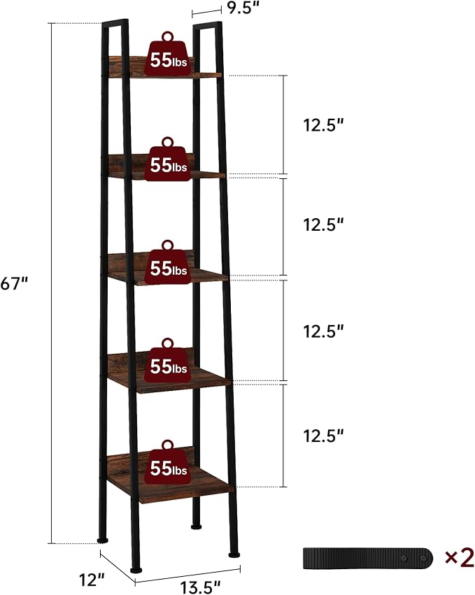 Ladder Shelf, 5 Tier Ladder Shelf, 13.5” Wide Tower Storage Shelf for Books, Anti Tip Feature, Steel Frame, Perfect for Bookshelf, Plants, Kitchen, Living Room, Office, Rustic Brown