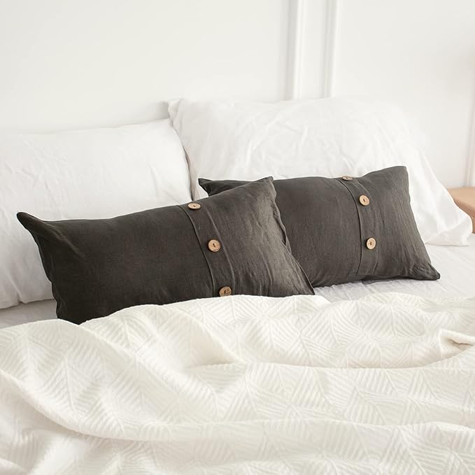Simple&Opulence 100% Linen Lumbar Pillow Cover 12 x 20 Inch Set of 2 Rectangular Decorative Pillow Cover with Vintage Triple Coconut Button for Couch Sofa Bed Living Room Office Décor - Dark Grey