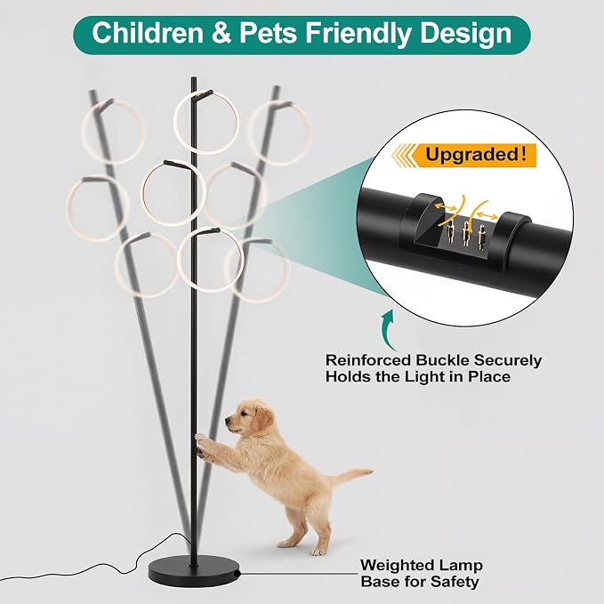 Bairth Black Floor Lamp with 3 Lights, Modern LED Tree Floor Lamp for Living Room, 17W Stepless Dimmable Tall Standing Lamp with 3 Detachable Circular Lights for Reading, Bedroom, Office, Matte Black