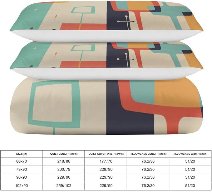 Mid Century Duvet Cover Queen Retro Atomic Bedding Set, Rainbow Grid Comforter Cover Vintage Fifties 1950s Bed Set，Abstract Art Bedding 3 Piece (1 Duvet Cover 90"x90" + 2 Pillow Sham 20"x30")