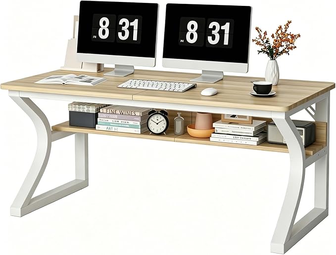 55 X 23.6'' Computer Desk, Home Office Desks w/Shelf Storage, Computer Desk w/Metal Frame, Cable Management, Study Student Desk Writing Work Table Deeper & Thicker Desktop for Home Bedroom