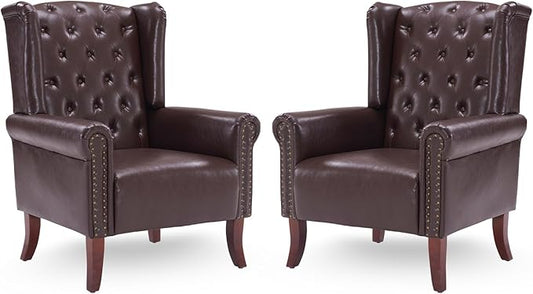MOJAY Mid-Century Modern Living Room Chairs Set of 2, Upholstered Faux Leather Accent Chairs Club Arm Chair, Single Sofa Chair with Solid Wooden Legs for Bedroom Study Home Office Lounges(Caramel)