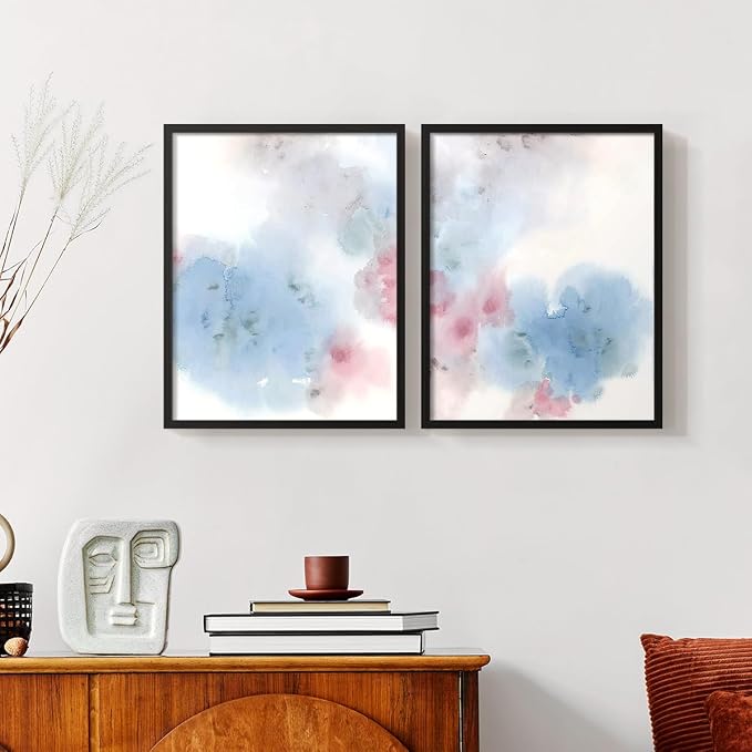 Renditions Gallery Set of 2 Peel & Stick Framed Prints, Watercolor Abstract Wall Art, Cotton Candy Splash Wall Decor, Re-Stickable - Ready to Hang - 8"x10" - Black Frame LT588