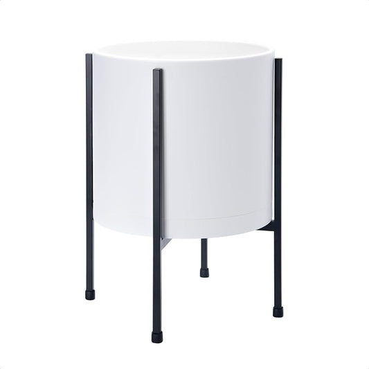 D'vine Dev 10 Inch White Planter Pot with Stand – Modern Plastic Cylinder Flower Pot with Heavy-Duty Metal Stand for Indoor Plants, 55-D-A-2