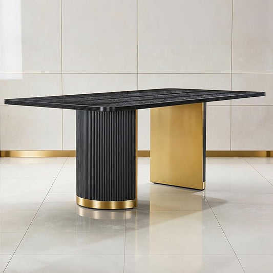 AUZ 70" Farmhouse Dining Table for 4-6, Black Oak Wood Rustic Kitchen Table with Fluted Base and Brushed Gold Accents, Large Rectangular Vintage Style Table (Black & Gold)