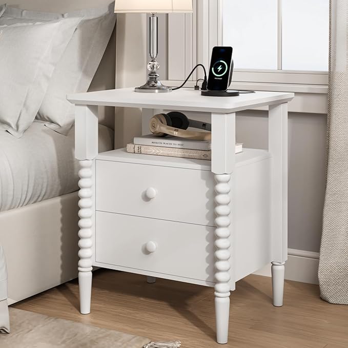 White Nightstand, Vintage Night Stand with Charging Station, Bedside Table with Drawers, End Table with Solid Wood Legs, Bed Side Tables for Bedroom, White