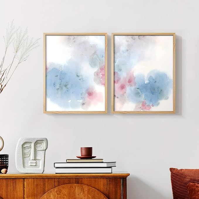 Renditions Gallery Set of 2 Peel & Stick Framed Prints, Watercolor Abstract Wall Art, Cotton Candy Splash Wall Decor, Re-Stickable - Ready to Hang - 8"x10" - NATURAL WOOD Frame LT588