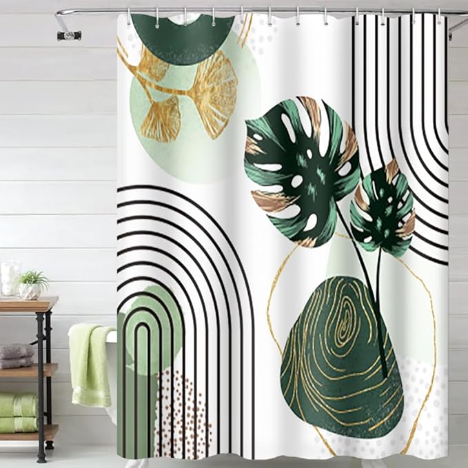 Mid Century Boho Shower Curtain - Green Palm Gold Ginkgo Leaf Abstract Arch Decorative Bath 72x96 Inch Polyester Fabric Waterproof Aesthetics Bathroom With Hooks