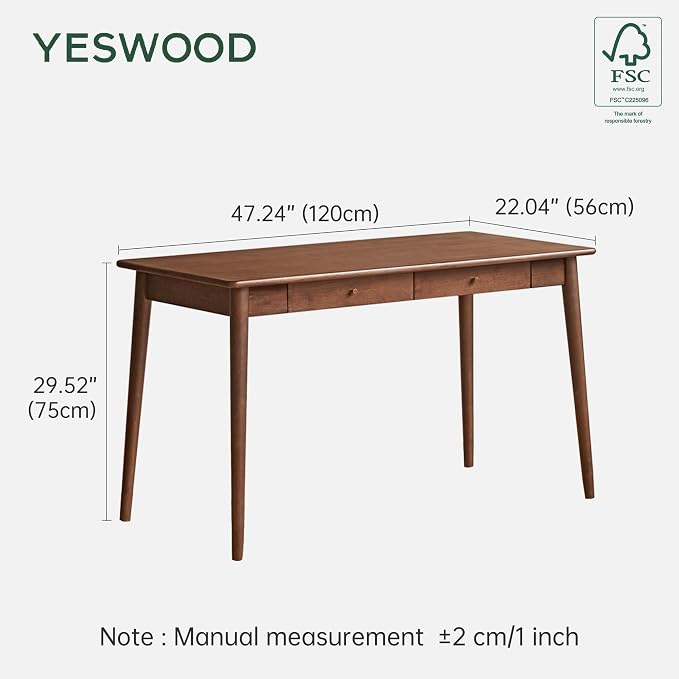 YESWOOD Solid Wood Desk, Mid Century Modern Home Office, Computer Desk with Drawers for Study Bedroom Living Room 47.24" W