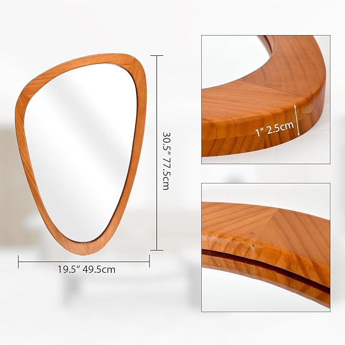 FUIN Asymmetrical Irregular Wall Mirror 30.5" x 19.5" – Solid Wood Frame Mid Century Modern Decor, Organic Pebble Shaped HD Glass for Bathroom Vanity, Bedroom, Living Room & Entryway (Teak Finish)