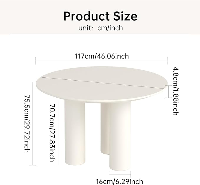 46.06" White Dining Table for 4 Round Kitchen & Dining Room Tables with Thicken Tabletop and Wooden Legs Circle Leisure Coffee Dinette Table for Kitchen, Living Room, Office