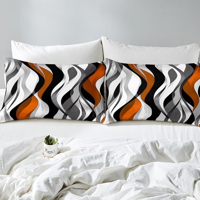 Orange Black Stripes Duvet Cover Set Full Size,Abstract Geometric Striped Wave Bedding Set,Boys Girls Room Decor,Modern Fashion Artwork Comforter Cover,Simple Quilt Cover,2 Pillowcases(No Filler)