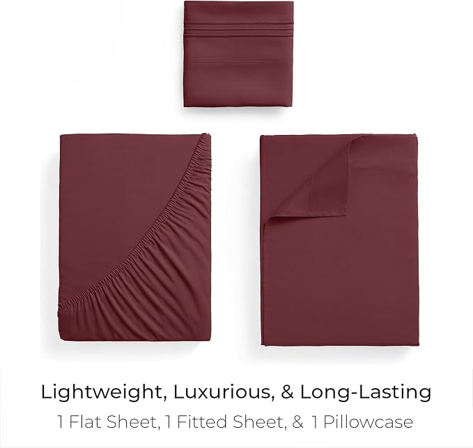 Mellanni Twin XL Sheets Set - 3 PC Iconic Collection Bedding - Hotel Luxury, Extra Soft, Cooling Bed Sheets - Wrinkle, Fade, Stain Resistant (Twin Extra Long, Burgundy)