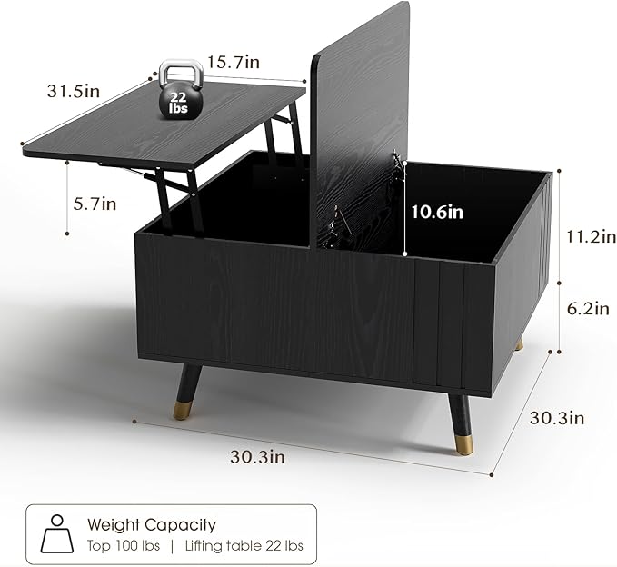 Black Lift Top Coffee Table with Storage, 32 Inch Mid Century Modern Square Center Table with Rising Top for Living Room