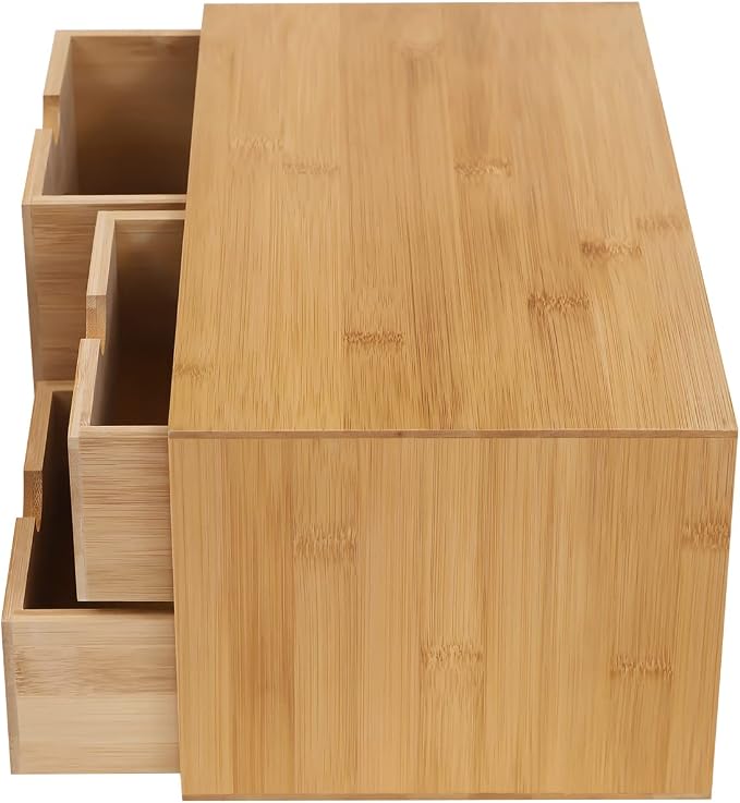 Bamboo Desk Organizer Small Retro Bamboo Tabletop Storage Box with Drawers& Recess Handles for Office Home Supplies Table Storage Collector 13 * 7.5 * 6in (3 Drawers/1 Left&2 Right)