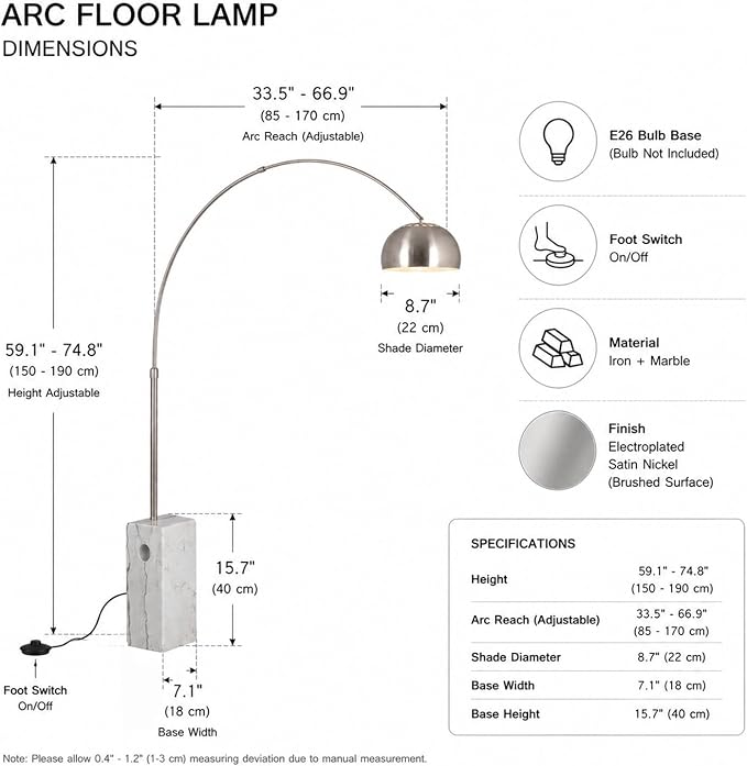 Murmurglow-74.8”Modern Arc Floor Lamp,Industrial Adjustable Silver Floor Lamp with Square Marble Base,3 Color Temperatures Reading Standing Lamps for Living Room, Bedroom,Office