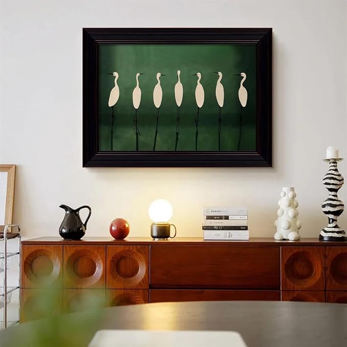 Japanese Cranes Wall Art 08x10 inch Vintage Framed Retro Bird Animal Canvas Poster Nature Minimalist Green Home Prints for Living Room Bedroom Office Decor