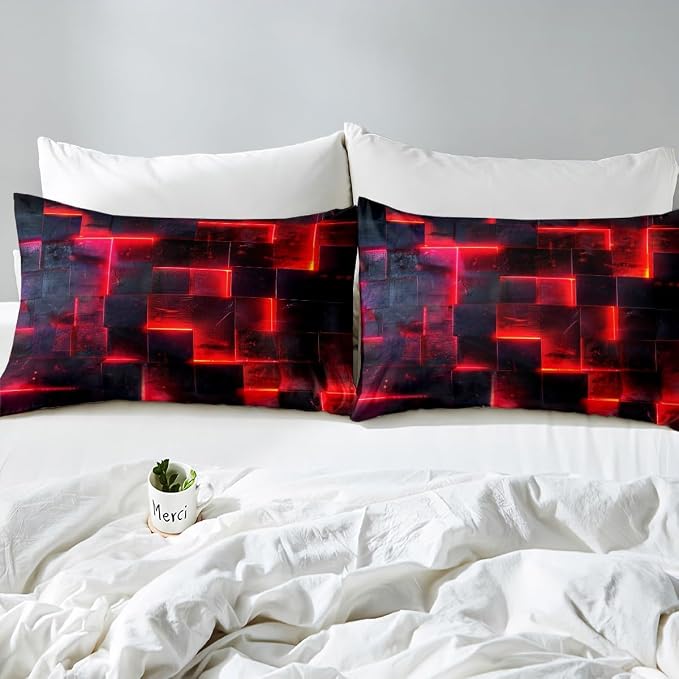 Red and Black Bed Set 3D Glowing Buffalo Duvet Cover King Size, Modern Abstract Art King Bedding Sets Geometric Plaid Comforter Cover, Gradient Futuristic Cubes Bed Cover (Black Reversible)