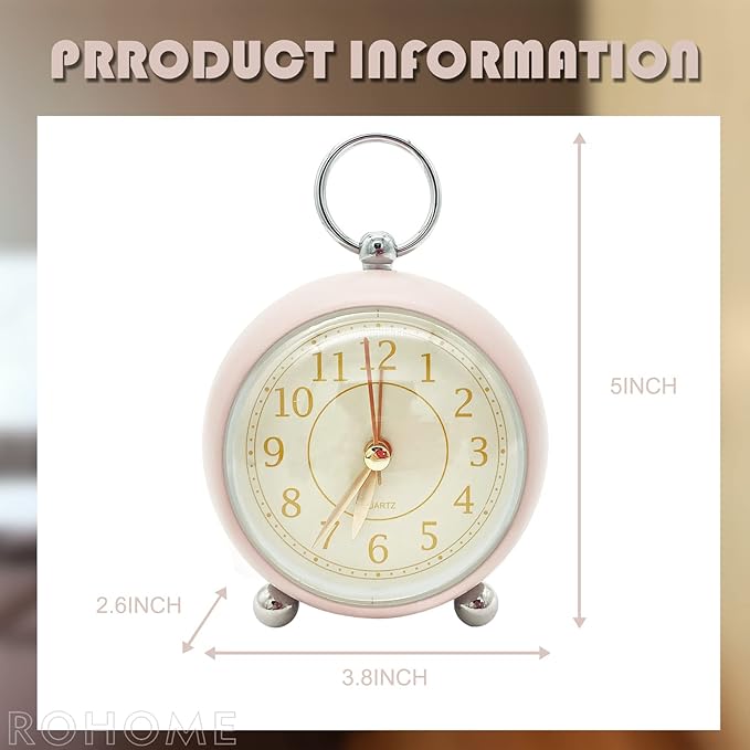 Rohome Vintage Small Alarm Clock with Night Light, Pink, Quartz Movement, Battery Operated, Non-Ticking, Decorative, for Bedside Table, Desk, Kitchen, Bedroom