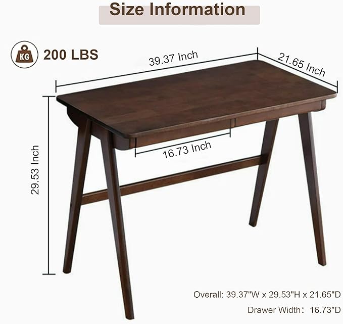 Solid Wood Desk with Drawers, Computer Desk for Home Office, Small Writing Desk for Bedroom & Small Spaces, Sturdy A-Frame, Easy Assembly (Walnut Color, 39inch)