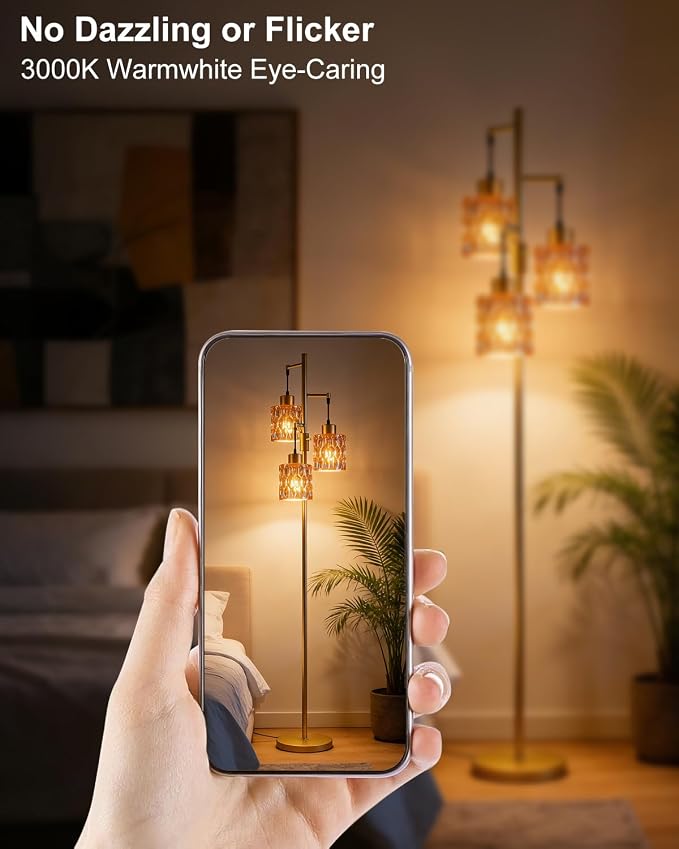 3-Light Modern Glass Floor Lamp, Gold Standing Tall Lamp with Amber Cylinder Glass Shade for Reading, Dimmable LED Floor Lamp with 5Lbs Heavy Base for Living Room Bedroom Home Decor, Bulb Included