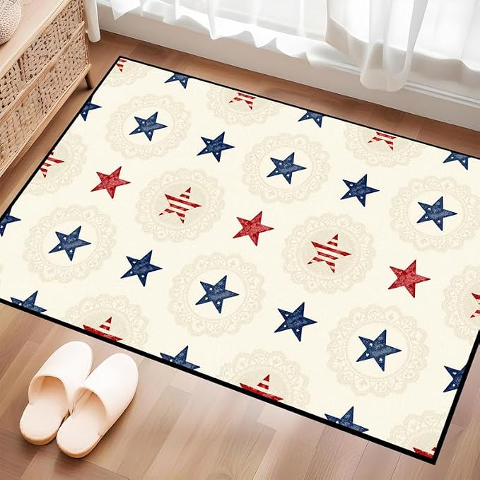 Star Area Rug 2'x3' Vintage Red Blue White Carpet Washable Low Pile Floor Mat Rugs for Entryway Bedroom Living Room Nursery Kitchen Playroom Home Decor