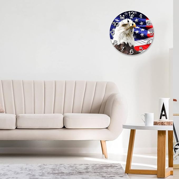 Patriotic Bald Eagle with American Flag Wall Clock Battery Operated Silent Round Clock Wall Decor for Home Office School, 12 Inch