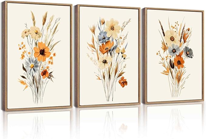 KUVIOKE Vintage Wildflower Bouquet Framed Wall Art Retro Flower Botanical Pictures Illustrations Colorful Floral Hanging Decor 12x16in (Natural Framed)
