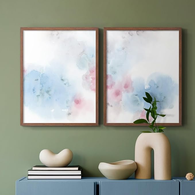 Renditions Gallery Set of 2 Peel & Stick Framed Prints, Watercolor Abstract Wall Art, Cotton Candy Splash Wall Decor, Re-Stickable - Ready to Hang - 8"x10" - Walnut Frame LT588